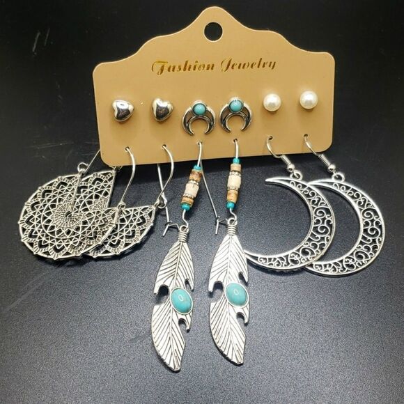 BOHEMIAN Crescent moon turquoise feather earring bundle set - Picture 5 of 7